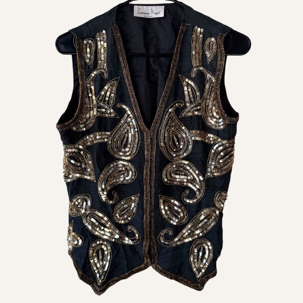 Vintage Laurence Kazar Silk Black Vest‎ with Gold Embellishments Statement Vest